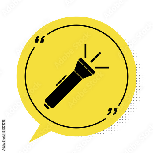 Black Flashlight icon isolated on white background. Yellow speech bubble symbol. Vector Illustration