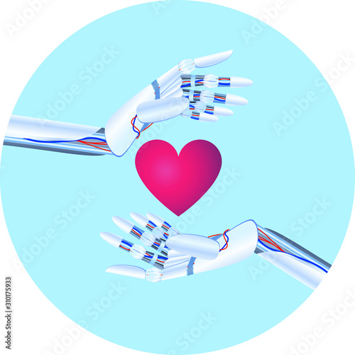 Robot hands, holding a heart. Bio engineering concept.