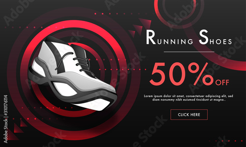 Advertising web banner design with 50% discount offer on brown abstract background for Running Shoes.