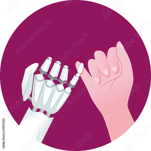 A human hand and a robotic hand together. Cooperation concept illustration.