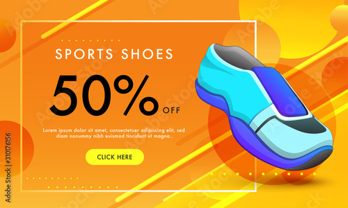 Sport Shoes banner design with 50% discount offer on orange geometric elements background for Advertising concept.