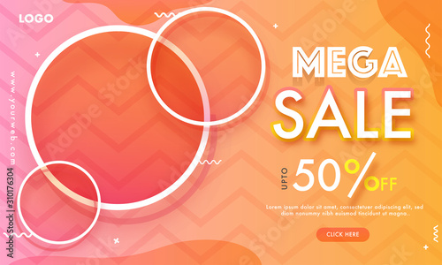 Mega Sale web banner design with 50% discount offer and empty circular frame given for your product image on wavy striped pattern background.