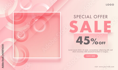 Sale web banner design with 45% discount offer and empty square frame given for your image on pink abstract background for Special Offer.