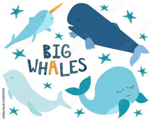 Marine creatures. Vector illustration of whales and starfish, narwhal, blue whale, beluga whale, arranged around lettering Big Whales.