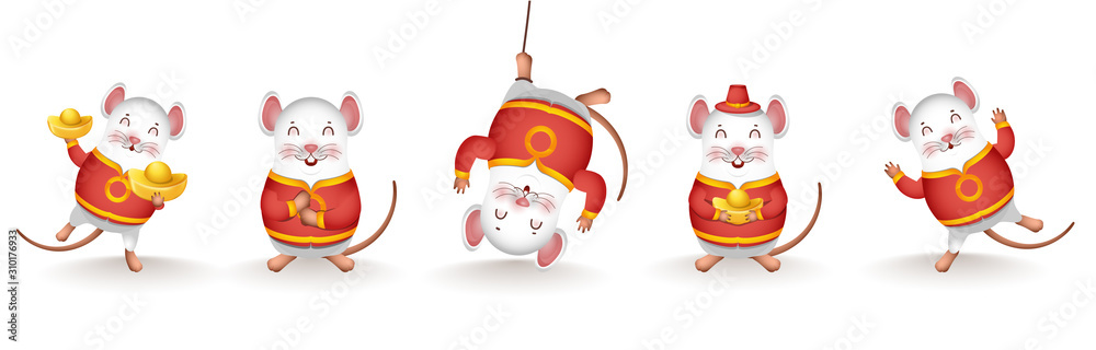 Cartoon Rat holding Chinese Gold in Different Activity on White Background.