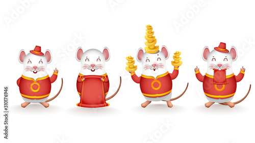 Different Activity of Cartoon Rat holding Chinese Gold with Blank Scroll Paper given for your message on White Background.