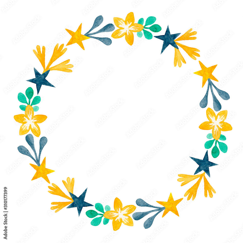 Round floral frame isolated on white background. Hand drawn yellow flowers, stars and blue leaves Round floral frame isolated on white background. Hand drawn yellow flowers, stars and blue leaves