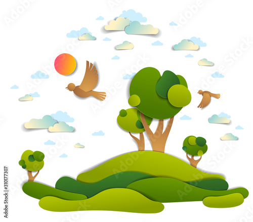 Scenic landscape of meadows and trees, cloudy sky with birds and sun, summer fields and grasslands vector illustration in paper cut kids style. Summer holidays in countryside, travel and tourism.