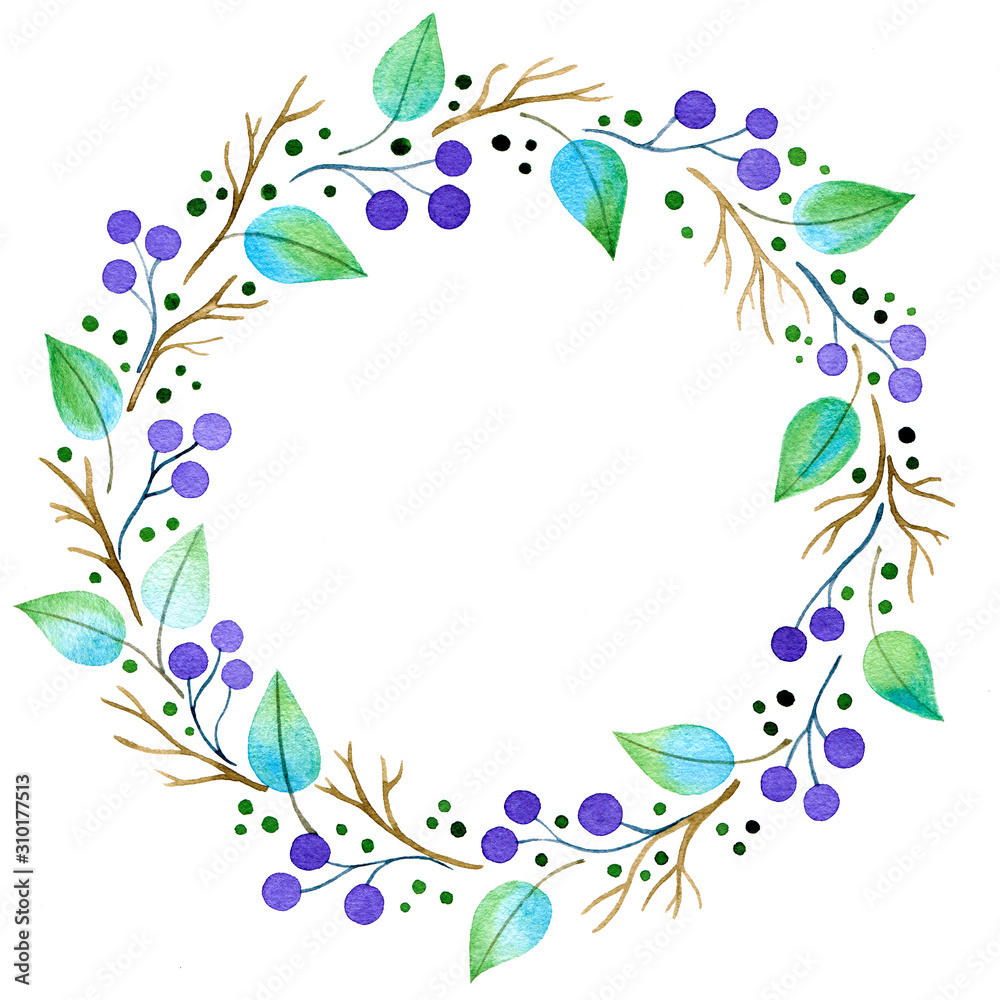 Round floral frame of brown branches, green leaves and blue berries, isolated on a white background. Watercolor wreath of wild plants. Hand-drawn illustration