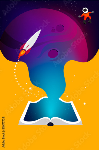 rocket flies to another planet inside the book, concept of education and training. Open book on orange background.