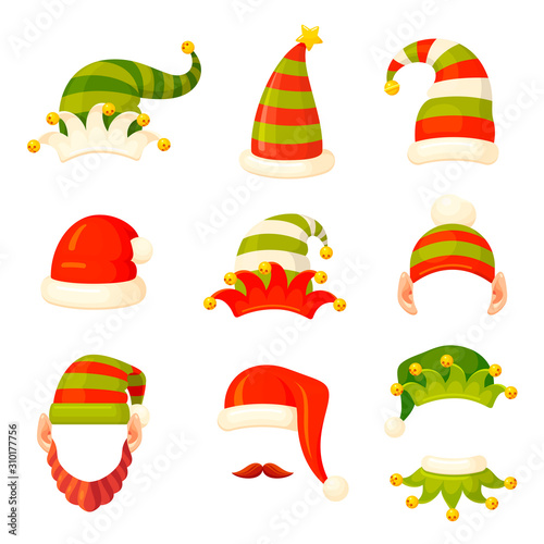 Elven Christmas colorful striped hats illustrations set