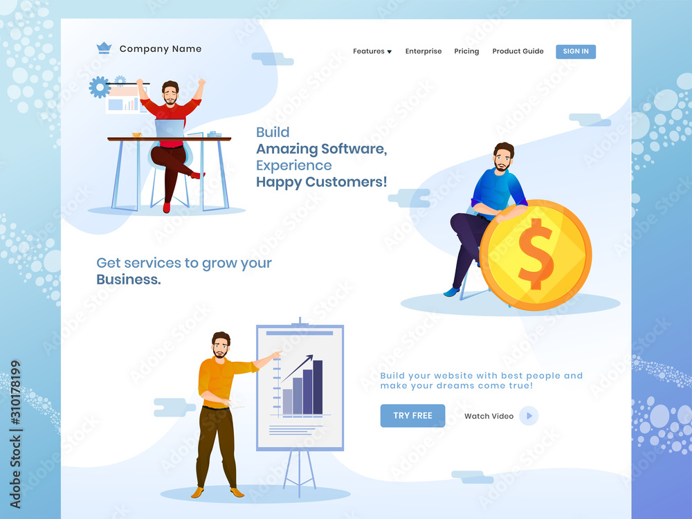 Building Amazing Software with Business Growth and Success Concept based Web Banner Design with Businessman Character.