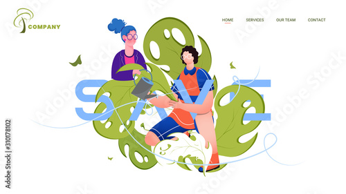 Illustration of gardening man and woman watering on nature field for Save Environment concept based landing page design.