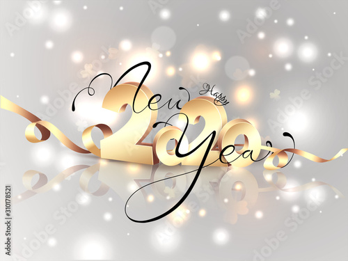 3D Golden 2020 Text with Ribbon on Grey Bokeh Lighting Effect Background for Happy New Year Celebration.