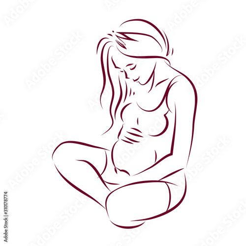 Vector hand-drawn illustration of pregnant elegant woman expecting baby, sketch. Love and fondle theme.