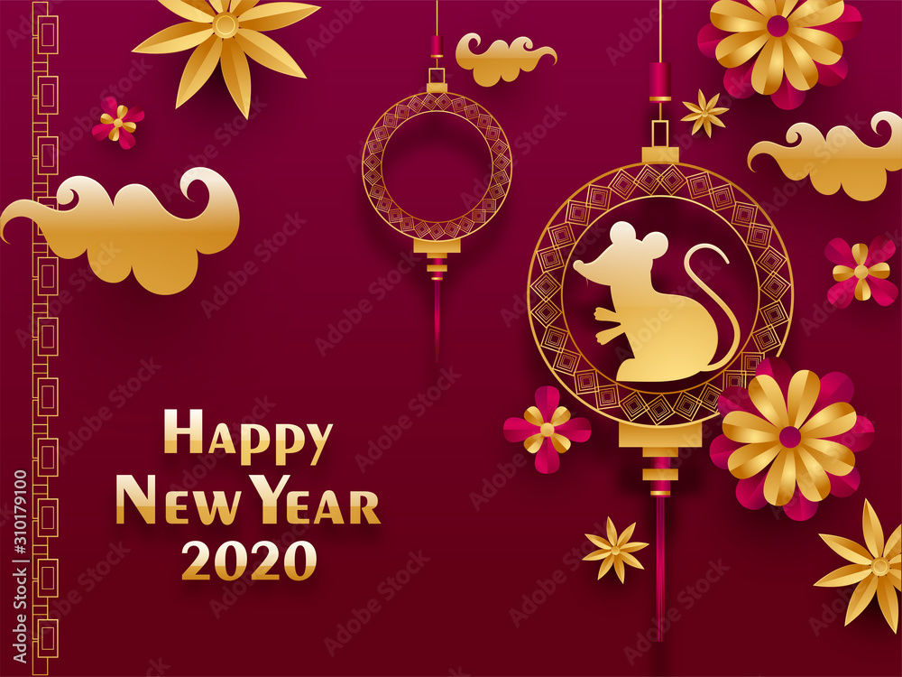 2020 Happy Chinese New Year greeting card design with hanging rat zodiac sign and paper cut flowers decorated on red and pink background.