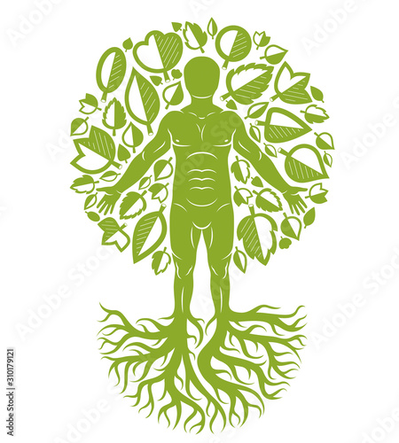 Vector illustration of human being created as continuation of tree with strong roots and made using natural green leaves. Human growth and personality development concept.