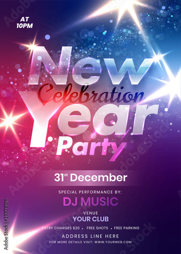 New Year Party Flyer or Template Design with Event Details on Colorful Bokeh Lighting Effect Background.