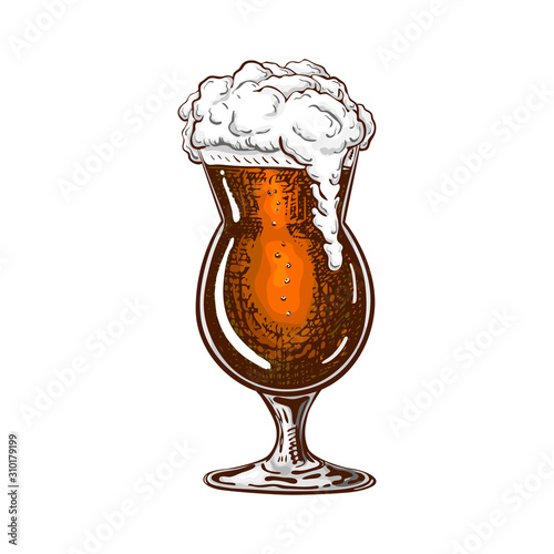 vector hand drawn tulip beer glass full of dark beer with liquid foam. Beautiful vintage beer mug or snifter with dropping froth isolated on white background. Alcoholic brown beverage in glassware.