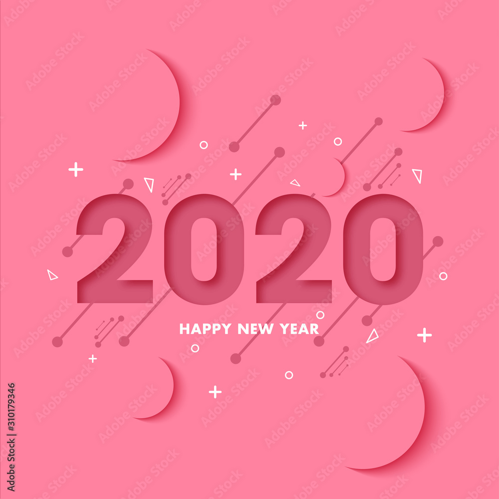Paper Cut Style 2020 Text and Circles Decorated on Pink Abstract Background.