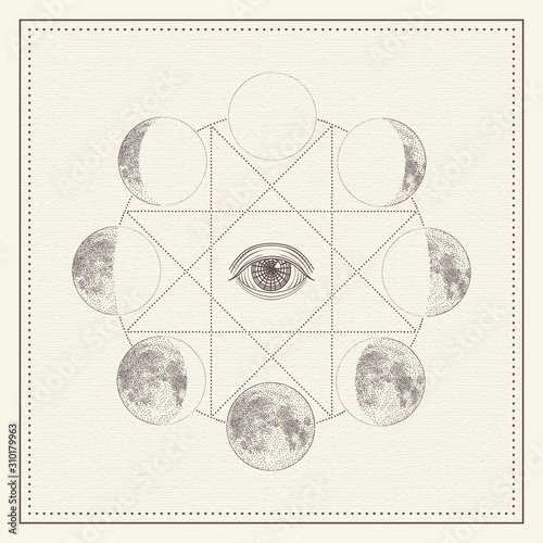 Phases of the moon with all-seeing eye and sacred geometry. Monochrome hand drawn vector illustration