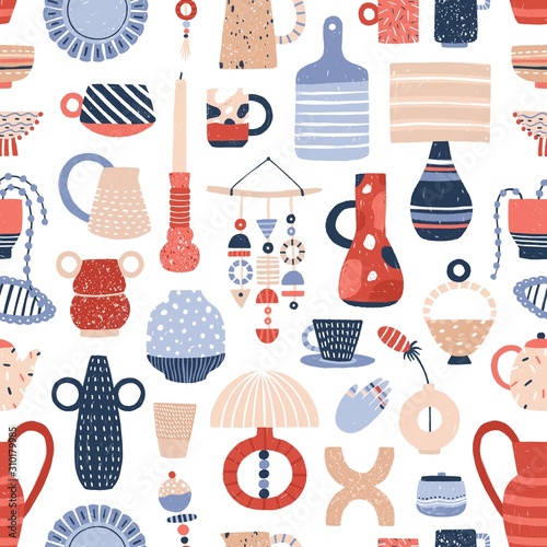 Modern pottery flat vector seamless pattern. Beautiful contemporary handcrafted ceramics texture. Stylish decorative stoneware, decorative accessories illustrations. Creative wallpaper design.