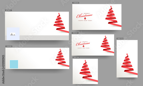 Social Media Header, Poster and Template Design with Creative Xmas Tree made by Red Ribbon on White Background for Merry Christmas & Happy New Year Celebration.