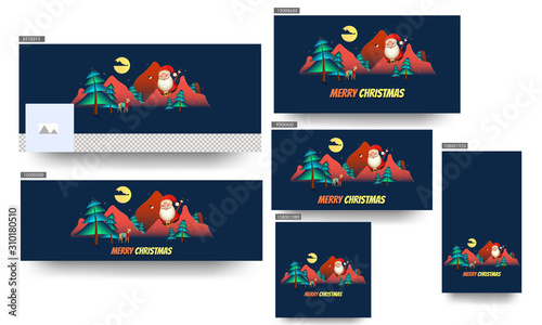 Social Media Header or Banner, Poster and Template Design, Merry Christmas Night Scene with Happy Santa Claus on Mountains, Xmas Trees, Reindeer. Paper-cut Style Landscape.