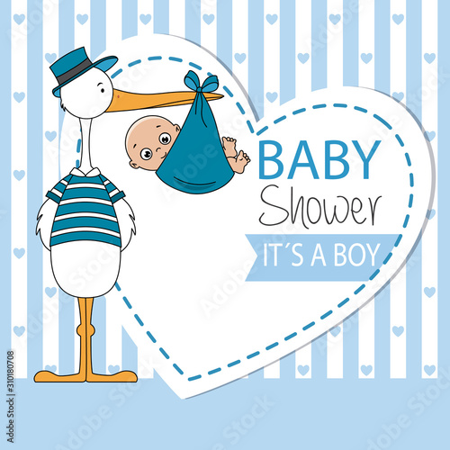 Baby shower card. Stork with baby boy	