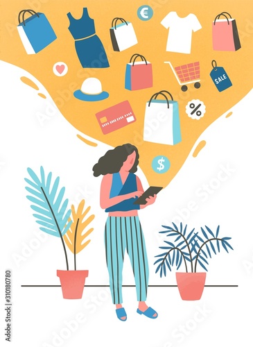 Girl shopping online flat vector illustration. Young woman buying, ordering clothes in internet store. Modern shopper, fashion boutique customer cartoon character. Consumerism, e shopping concept.