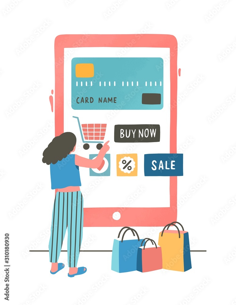 Girl paying with credit card flat vector illustration. Shopper ordering goods online cartoon character Mobile shopping app. Contactless, cashless payment option. E payment, e commerce concept.