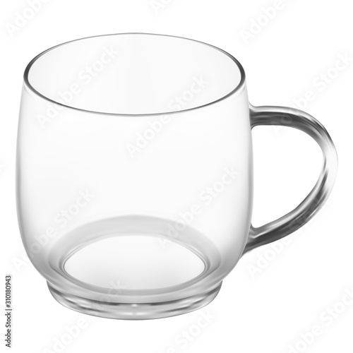 Glass coffee cup. Clean transparent tea mug mock up vector illustration. Realistic glassware blank with handle for hot drink on white background. Perfect empty teacup for breackfast