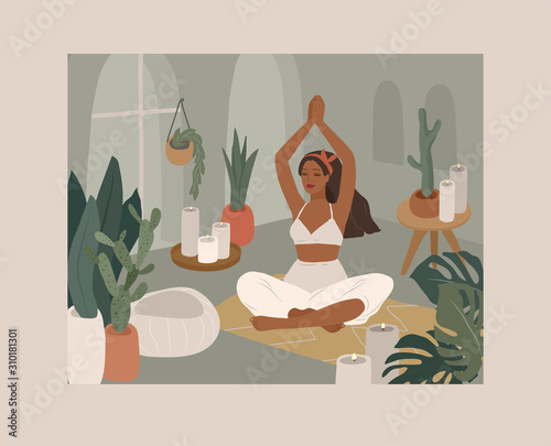 Cute girl doing yoga poses. Lifestyle by young woman in home interior with homeplants. Fashion illustration by femininity, beauty and mental health. Feminine cartoon
