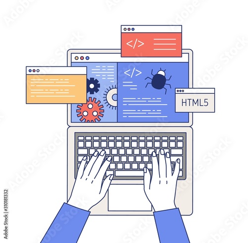 Professional programming outline vector illustration. Software engineering, computer program development, bug fixing concept. Malware security, code debugging, script writing process.