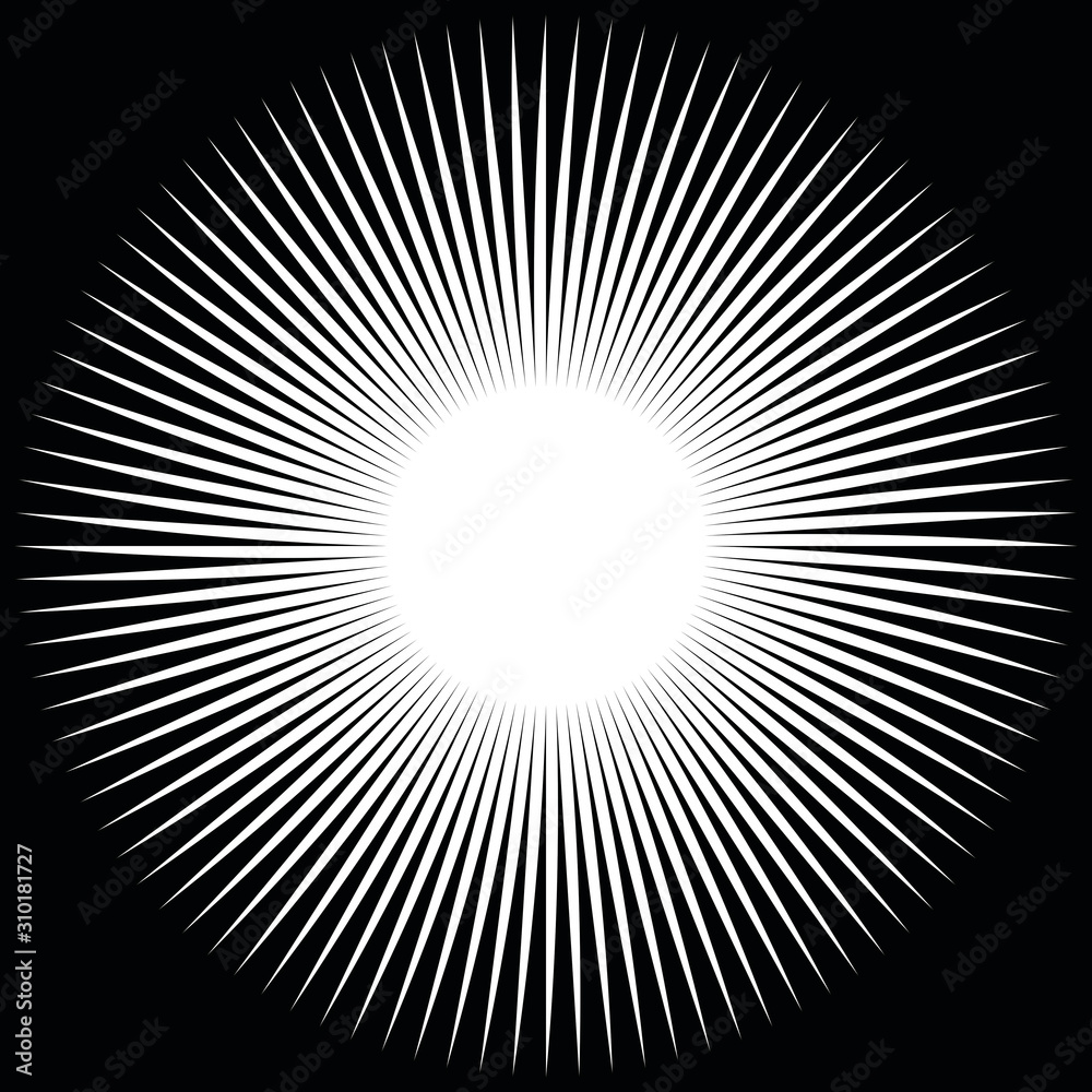 Fototapeta premium Comic book black and white radial lines background Manga or anime speed texture Superhero action frame Zoom effect Pop art gradient design Explosion vector illustration