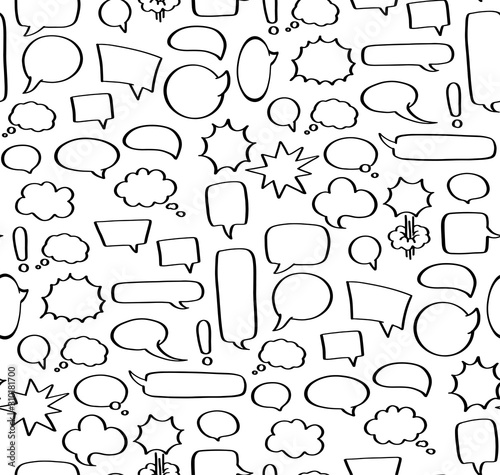 Speech bubble seamless pattern. Empty comic sticker without text of different shapes - square, circle or round, cloud, boom and bam, rectangle message. Blank doodle tag for price of dialogue, vector