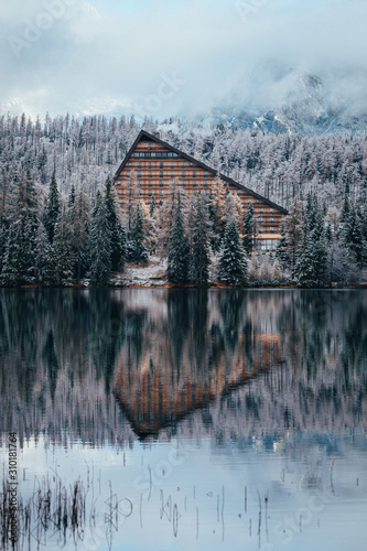 Fototapeta Naklejka Na Ścianę i Meble -  Hotel at Strbske pleso, Famous lake in slovakia. High Tatras. Winter nature.