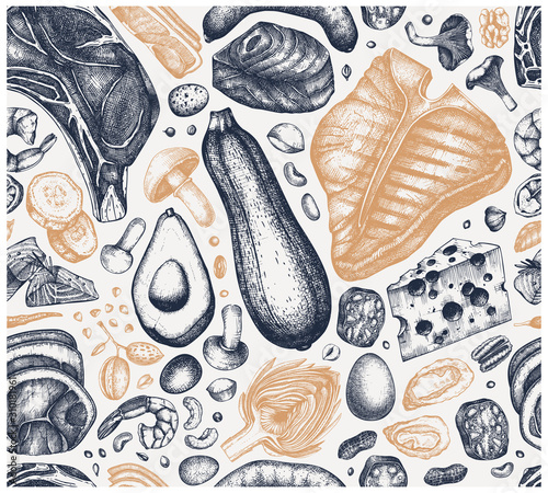 Ketogenic diet seamless pattern. Hand drawn organic food and dairy products sketches. Keto diet background with meat, vegetables, grains, nuts, mushrooms. Perfect for menu, recipes, banner, flyer.