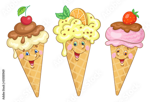 Three fun fruit ice creams in waffle cones. In a cartoon style. Isolated on white background. Vector illustration