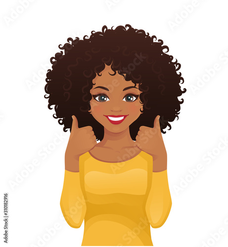 Portrait of smiling beatiful woman with afro hairstyle showing thumbs up isolated vector illustration