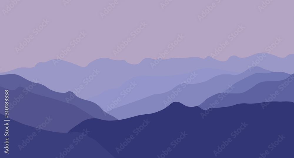 Purple mountains in the fog