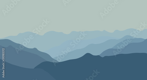 Blue mountains in the fog