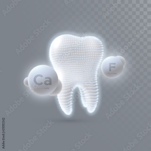 Realistic 3d tooth with calcium and fluorine particles isolated on transparent background. Vector dentistry illustration. Medical or healthcare concept. Teeth protection. Toothpaste ads design element