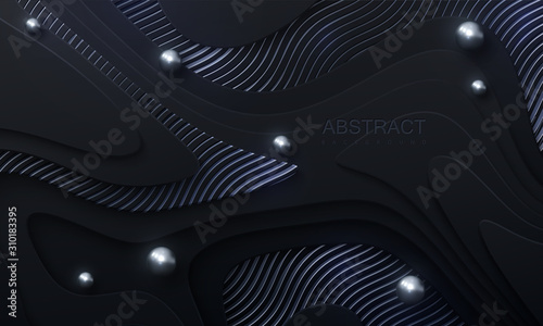 Black paper cut background. Abstract realistic papercut decoration with wavy layers, spheres and silver engraved pattern. 3d topography relief. Vector topographic illustration. Cover layout template.