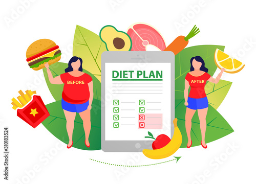 Before and after diet and fitness. Fat and thin woman. Weight loss concept. Healthy Nutrition diet, weight-management diet, individual dietary service concept. Checklist with vegetables, fruit.