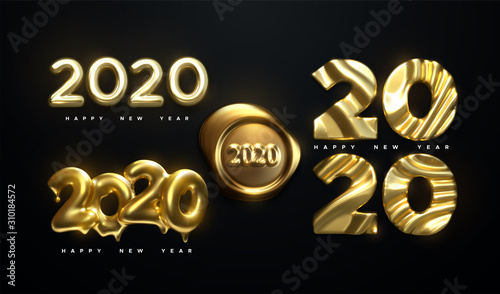 Happy New Year 2020. Holiday vector illustration. Golden realistic sign set with 2020 numbers. Realistic 3d labels isolated on black background. Festive poster or banner element design