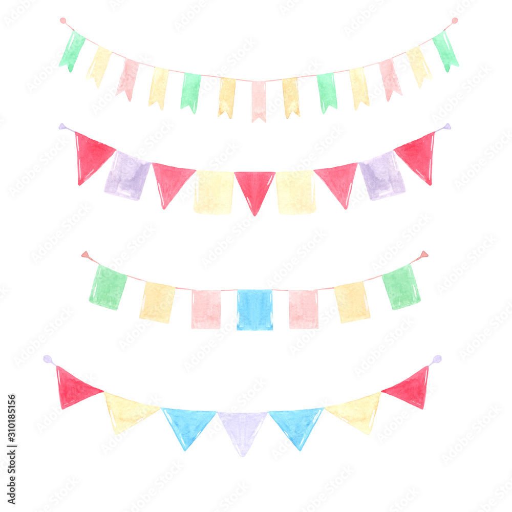 Watercolor set of holiday garlands of flags. Perfect for decorating cards, holiday invitations, photo albums, scrapbooking, textiles and other creative projects.