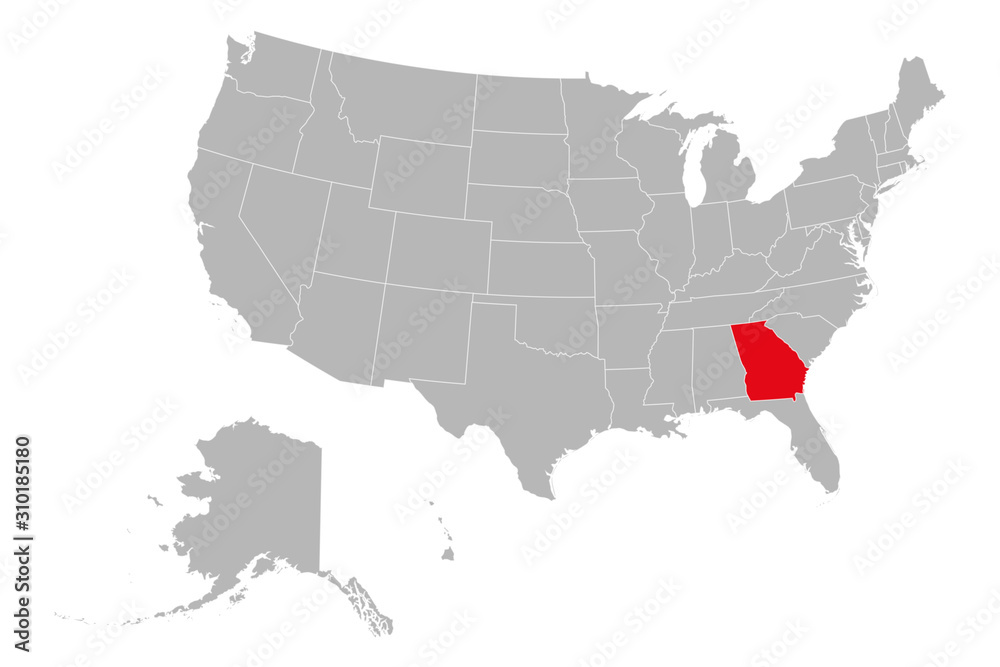 Georgia state marked red on US political map. Gray background. United States province.