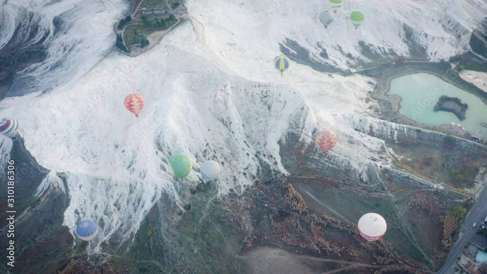 aerial view of air balloons in pamukkale