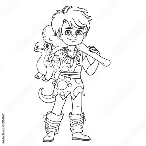 Cute boy in a suit of prehistoric man dinosaur toy and truncheons in hands outlined for coloring page